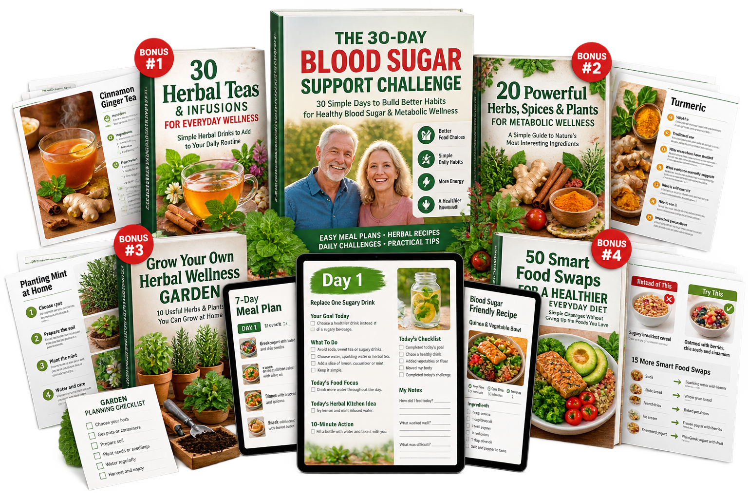 30-Day Blood Sugar Support Challenge digital bundle with herbs and healthy foods